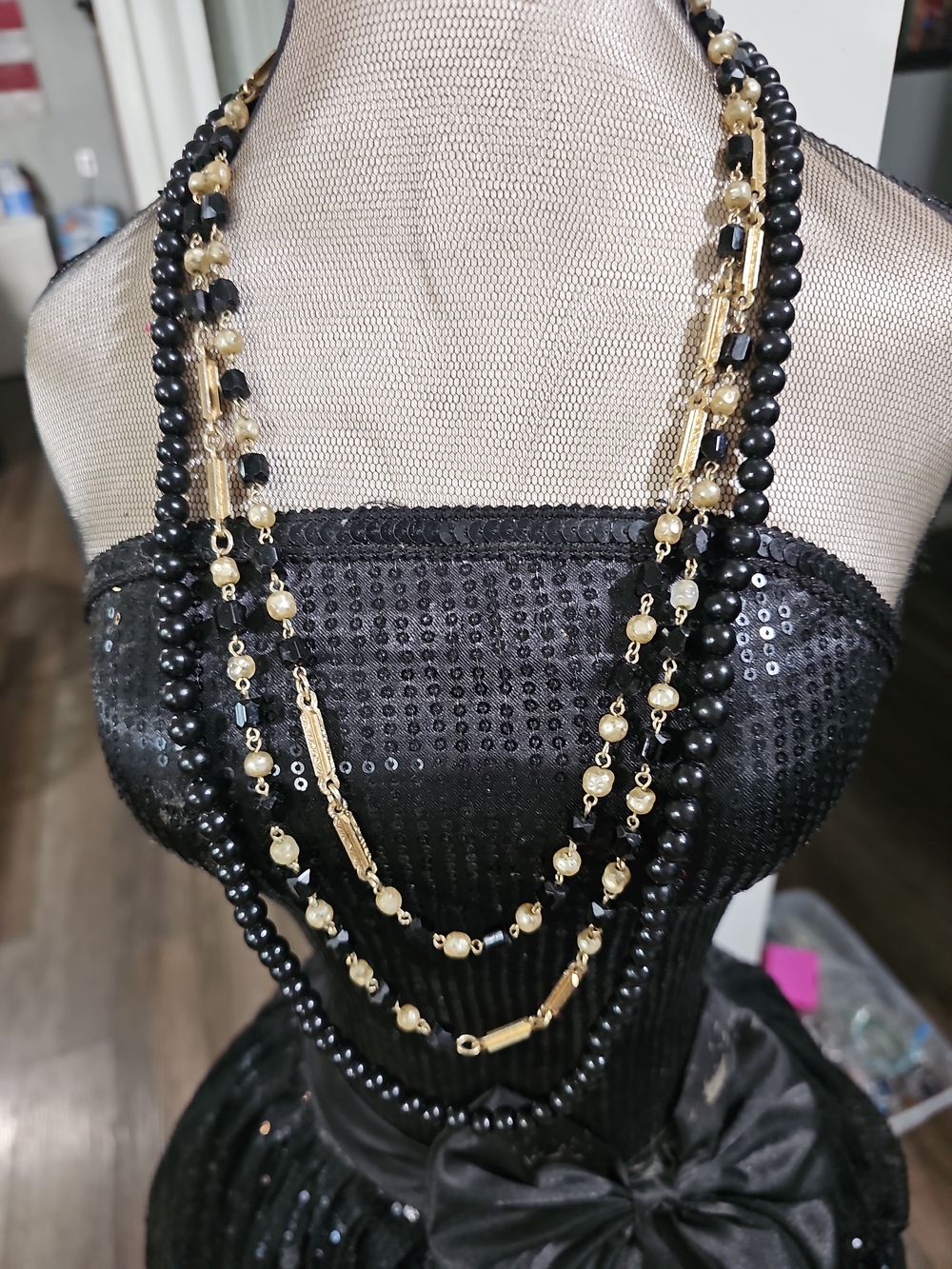 Black and Gold Layered Bead Necklaces - Women Jewelry. 2- necklaces
